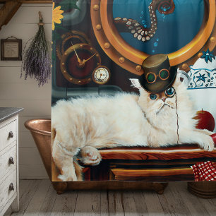 Cream Victorian Steampunk Cat Tea Party Submarine Shower Curtain