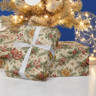 Cream Vintage Botanical Christmas Citrus Pattern Wrapping Paper
