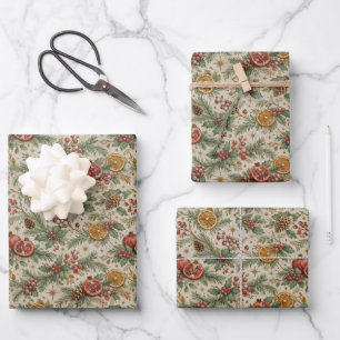 Cream Vintage Botanical Christmas Citrus Pattern Wrapping Paper Sheet