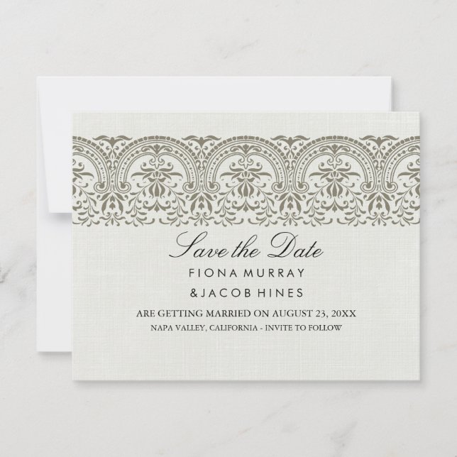 Cream Vintage Damask Wedding Save The Date (Front)