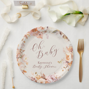 Cream Vintage Floral Fall Oh Baby Shower Paper Plate