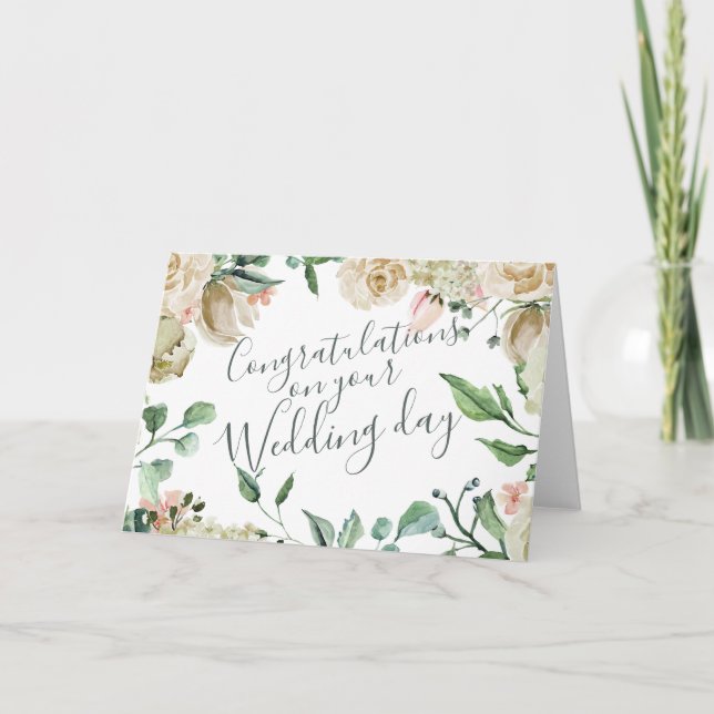 Cream Watercolor Floral Congratulations Wedding Card (Front)