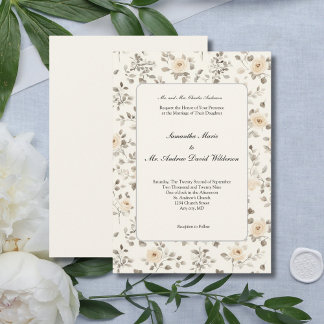 Cream Watercolor Floral Cottagecore Formal Wedding Invitation