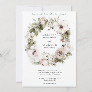Cream Watercolor Flower Wreath Wedding Invitation