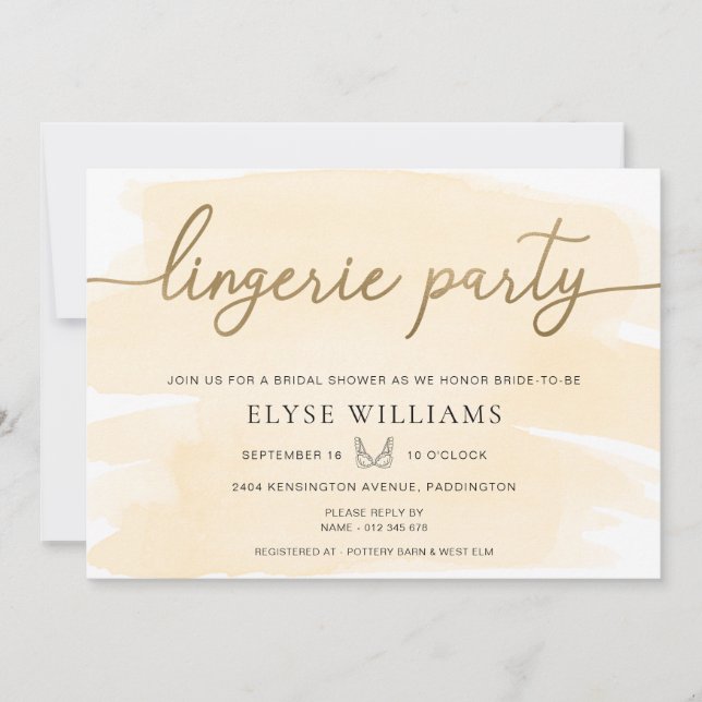 Cream Watercolor Gold Lingerie Party Bridal Shower Invitation (Front)