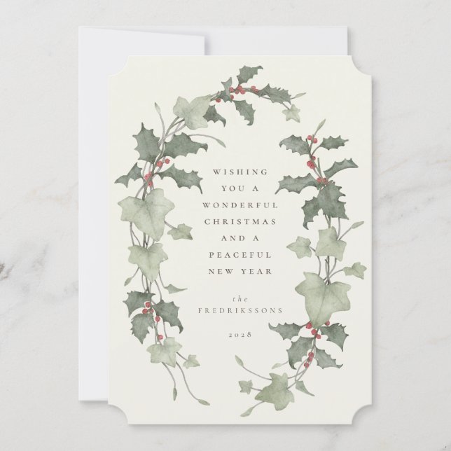 Cream Watercolor Holly & Ivy Holiday Card (Front)