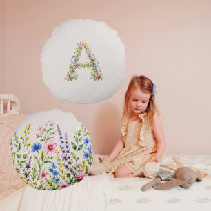 Cream Watercolor Wildflower "A" Round Cushion
