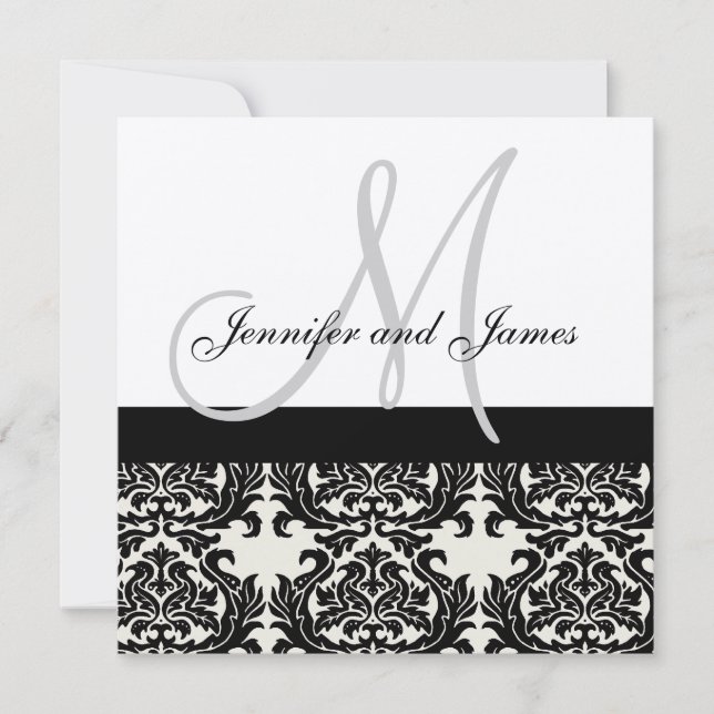 Cream Wedding Invitation Monogram Black Damask (Front)
