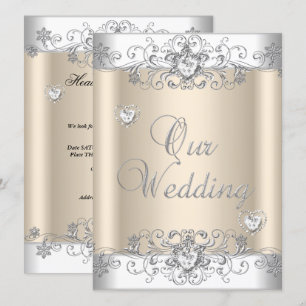 Cream Wedding Silver White Diamond Hearts Invitation