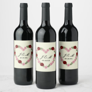 Cream wedding wine label with a pink and red heart