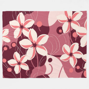 Cream White and Peachy Pink Floral Pattern Fleece Blanket