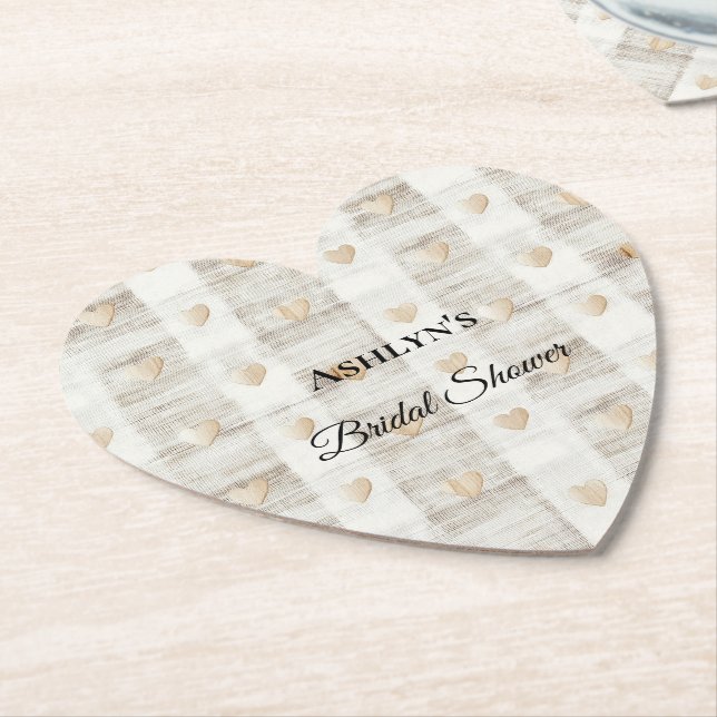 Cream White Beige Boho Hearts Bridal Shower Paper Coaster (Angled)