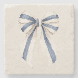 Cream White Blue Stripes Bow Stone Coaster