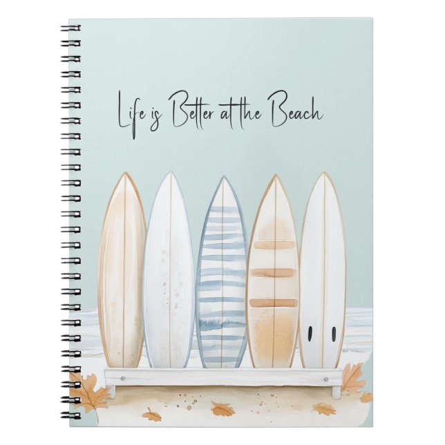 Cream White Blue Tan Surfboards Leaves  Notebook (Front)
