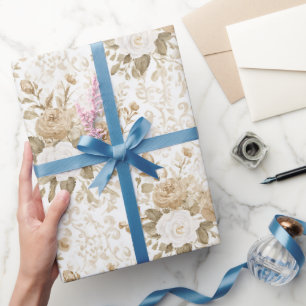 Cream White Bohemian Floral Bridal Shower Wrapping Paper