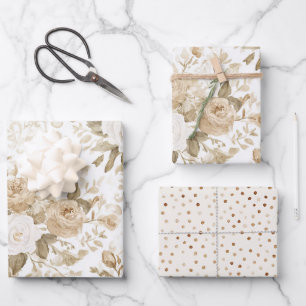Cream White Bohemian Floral Bridal Shower Wrapping Paper Sheet