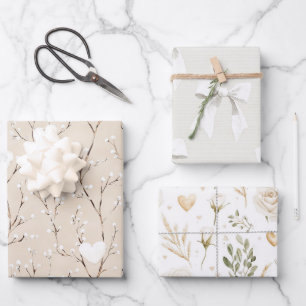 Cream White Bows Hearts Boho Floral Birthday Wrapping Paper Sheet