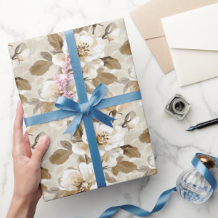 Cream White Brown Floral Birthday Wrapping Paper