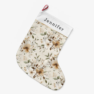 Cream White Brown Floral Christmas Large Christmas Stocking