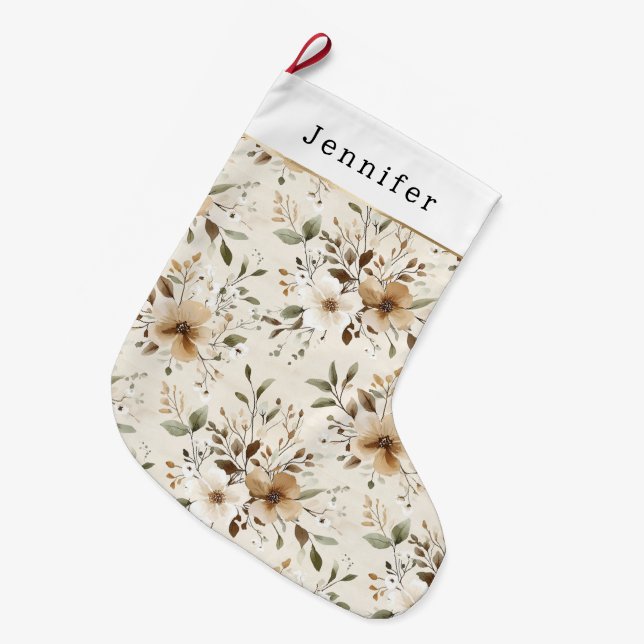 Cream White Brown Floral Christmas Large Christmas Stocking (Front (Hanging))