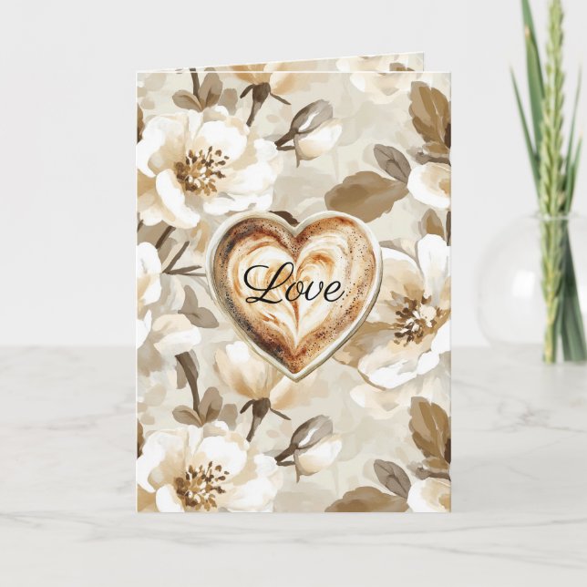 Cream White Brown Floral Heart Love Card (Front)