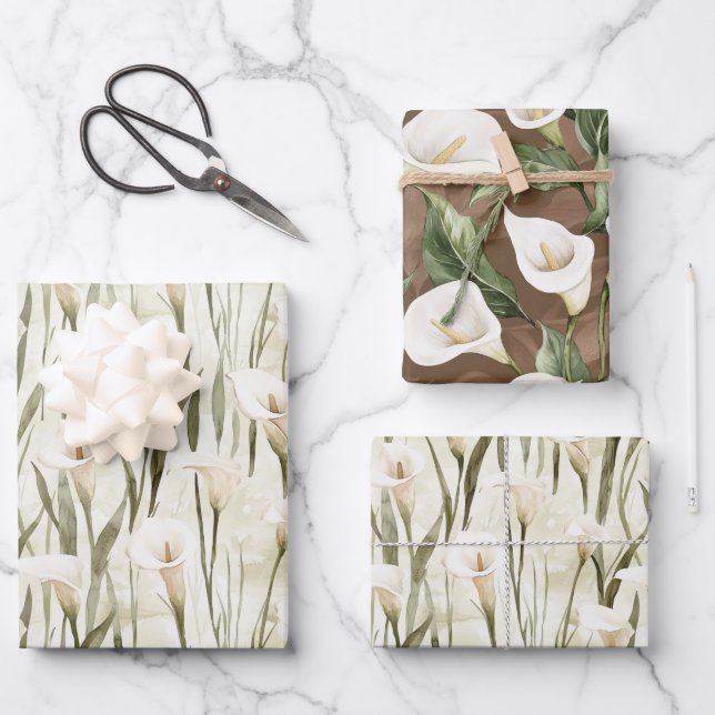 Cream White Calla Lily Floral Bridal Shower Wrapping Paper Sheet (Front)