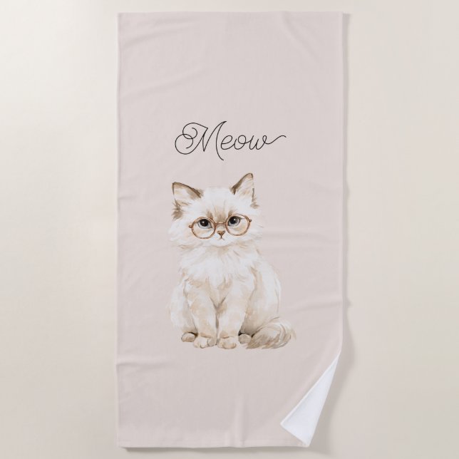 Cream White Cat Glasses  Beach Towel (Front)
