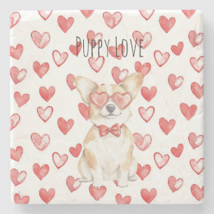Cream White Corgi Dog Red Hearts Glasses Stone Coaster