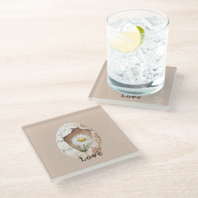 Cream White Daisy Floral Egg Glass Coaster (Angled)