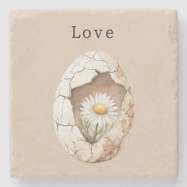 Cream White Daisy Floral Egg Stone Coaster (Front)