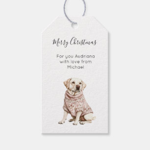 Cream White Dog Pink Floral Christmas Gift Tags