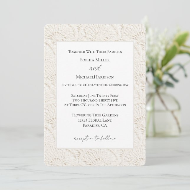 Cream White Faux Lace Wedding Invitation (Standing Front)