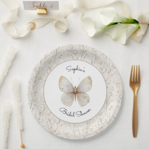 Cream White Floral Butterfly Bridal Shower     Paper Plate