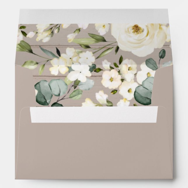 Cream White Floral Wedding Invitation Rustic Wood  Envelope (Back (Bottom))