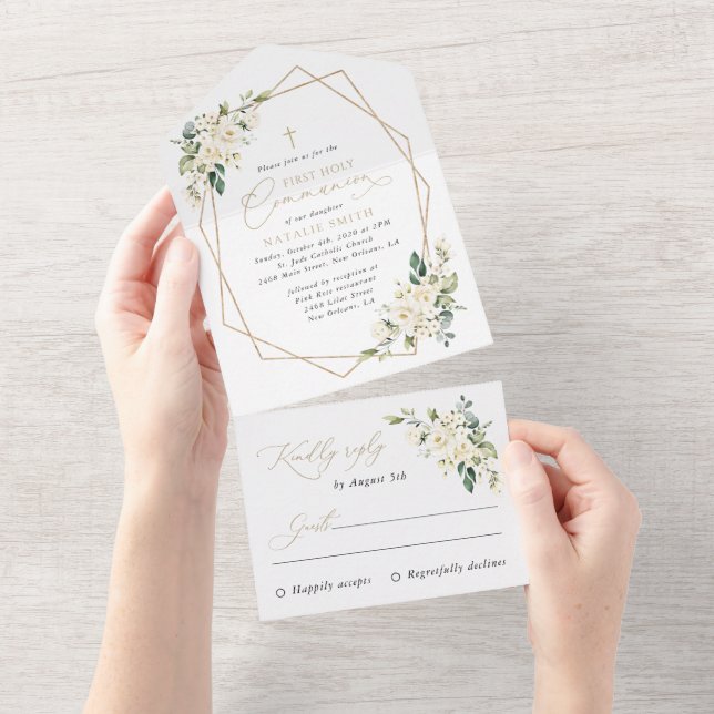 Cream White Flowers, Boho, First Holy Communion All In One Invitation (Tearaway)
