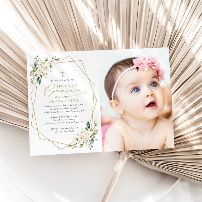 Cream White Flowers, Boho, First Holy Communion Invitation (Creator Uploaded)