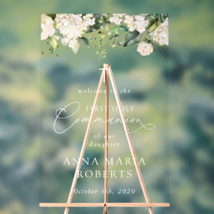Cream White Flowers, First Holy Communion Welcome Acrylic Sign