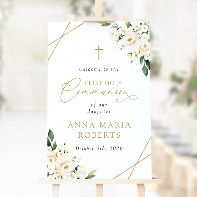 Cream White Flowers, First Holy Communion Welcome Poster (Creator Uploaded)