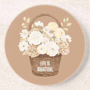 Cream White Flowers in Basket Coaster