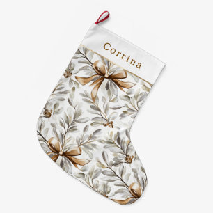 Cream White Gingerbread Bows   Large Christmas Stocking