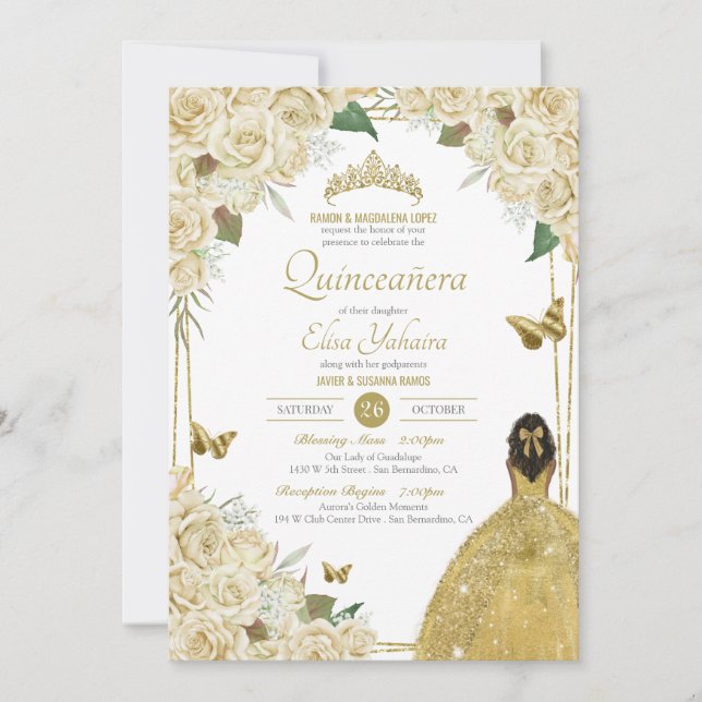 Cream White Gold Floral Butterfly Rose Quinceanera Invitation (Front)