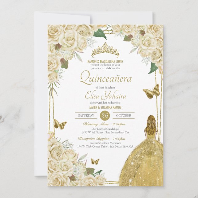 Cream White Gold Floral Butterfly Rose Quinceanera Invitation (Front)