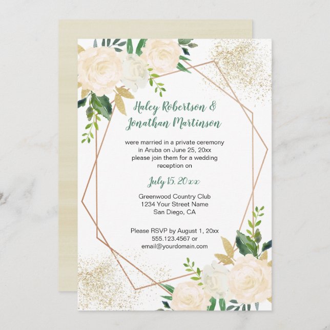 Cream White Gold Roses Geometric Reception Only | Invitation (Front/Back)