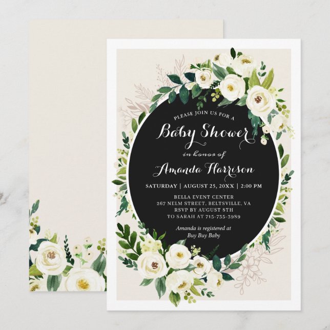 Cream White Greenery Bouquet Floral Baby Shower Invitation (Front/Back)