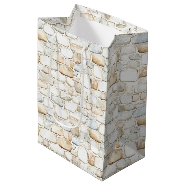 Cream White Grey Faux Stones Birthday Medium Gift Bag (Front Angled)