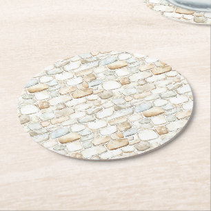 Cream White Grey Faux Stones Birthday Round Paper Coaster