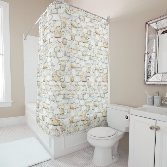 Cream White Grey Faux Stones   Shower Curtain (In Situ)