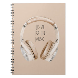 Cream White Headphones Listen To Music Notebook