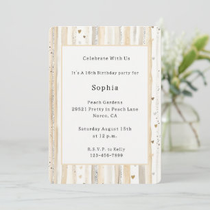 Cream White Hearts Stripes Birthday   Invitation