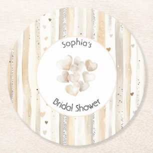 Cream White Hearts Stripes Bridal Shower Round Paper Coaster
